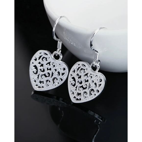 & Other Stories Jewelry - 925 Stamped Silver Filigree Heart Dangle Earrings High Shine